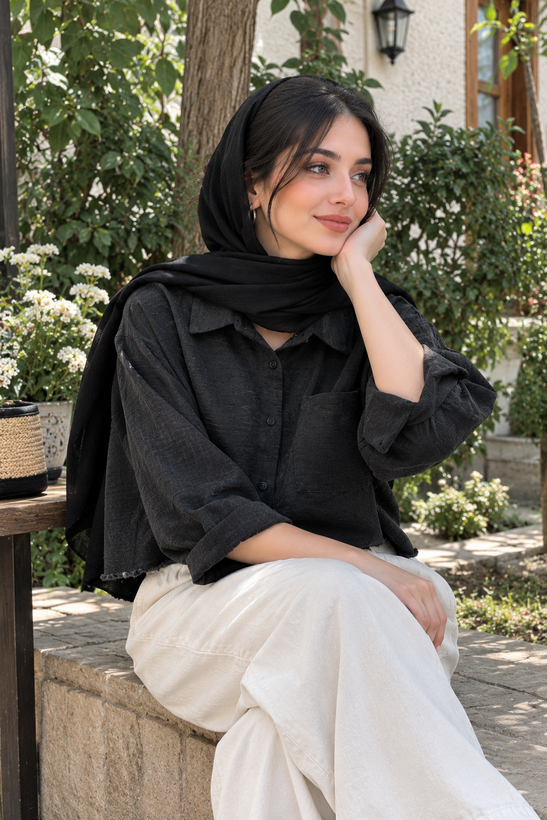 شومیز کراپ نخی زنانه مشکی فری سایز